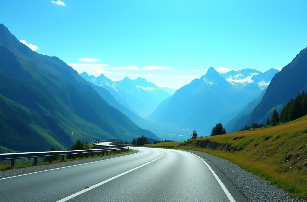Scenic view of a Swiss motorway winding through majestic mountains under a blue sky