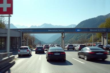 Image of a border crossing point into Switzerland with cars