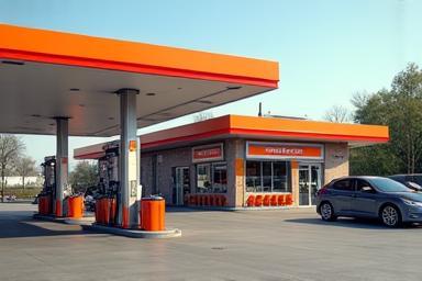 Image of a petrol station forecourt with fuel pumps and shop
