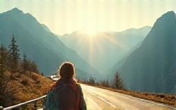 Image representing a calm traveler looking at scenery near a Swiss road